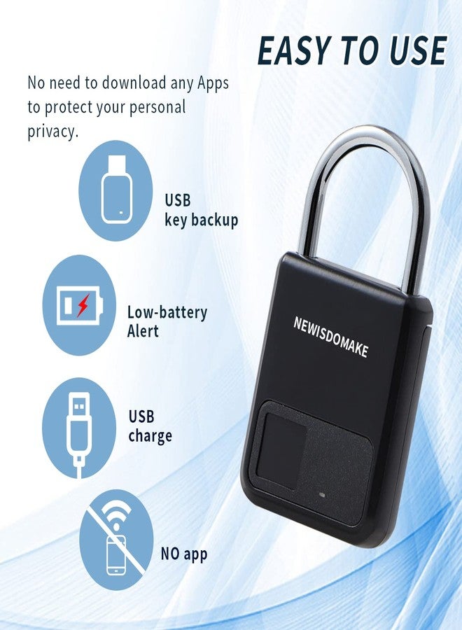 Newisdomake Fingerprint Padlock, Smart Padlock with USB Charging Support, Fingerprint Lock, Biometric Lock Suitable for Luggage, Bookcase, Suitcase, Backpack, Bike, School Locker, Gym Locker Lock(Black) - Image 3